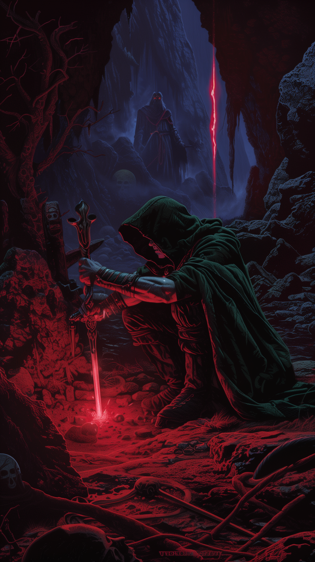Hooded figure with glowing red sword