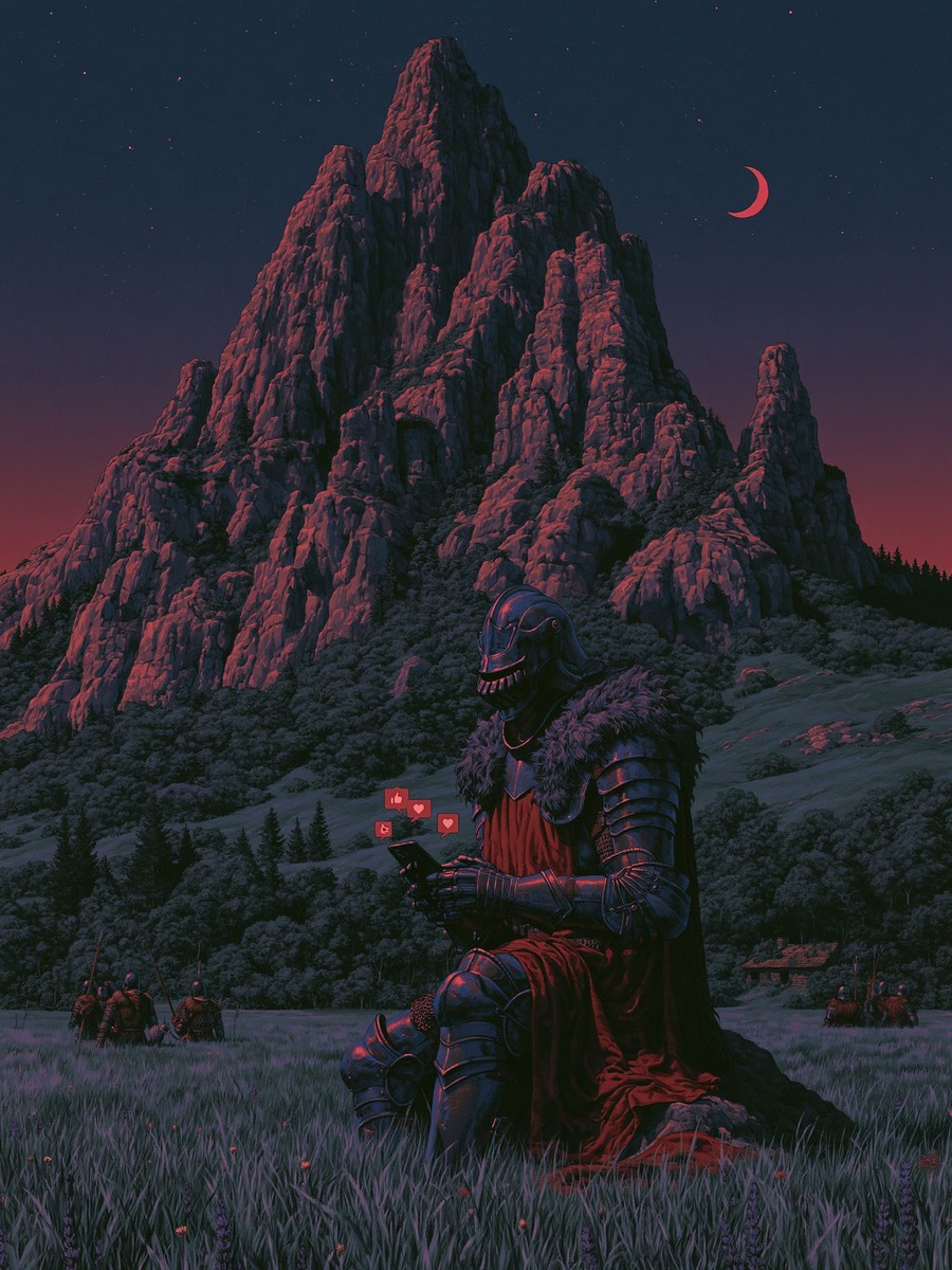Knight in a prairie at night with a mountain and red crescent moon
